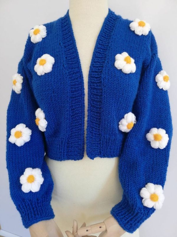 Blue Crochet Cardigan With White Flowers - Image 3