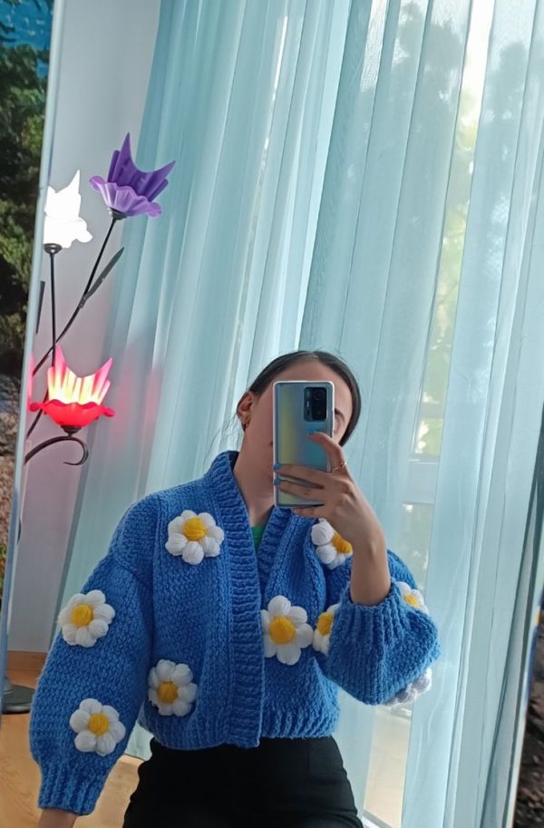 Blue Crochet Cardigan With White Flowers - Image 2