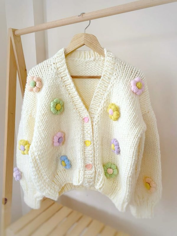 White Crochet Cardigan With Multi Color Flowers