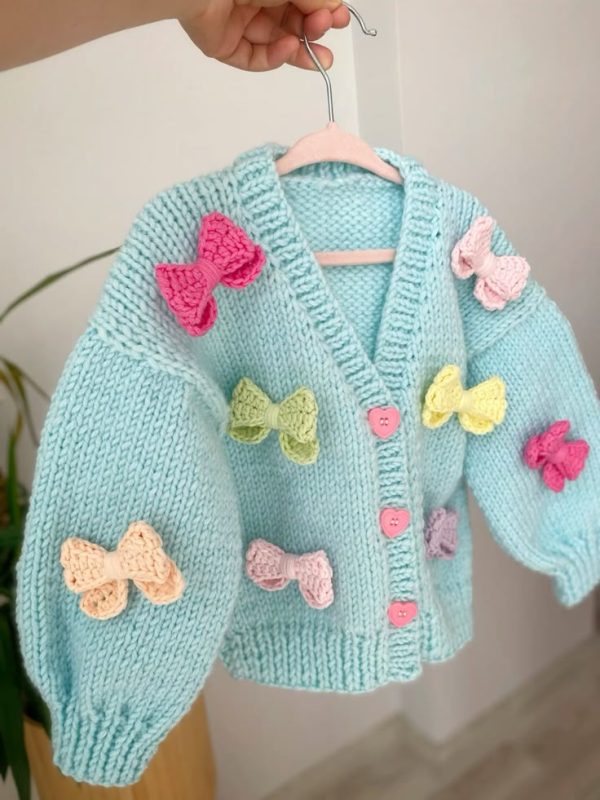 Sky Blue Crochet Cardigan With Multi Color Bow - Image 2