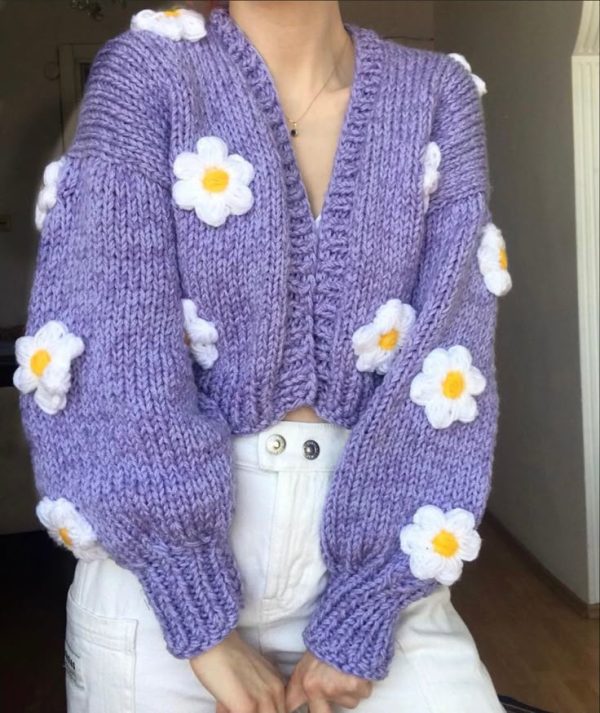 Purple Crochet Cardigan With White Flowers - Image 3