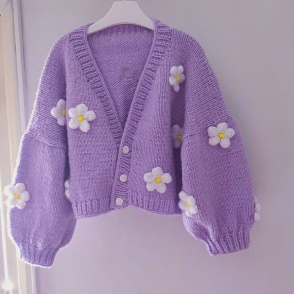 Purple Crochet Cardigan With White Flowers - Image 4
