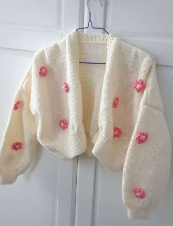 White Crochet Cardigan With Pink Flowers - Image 2
