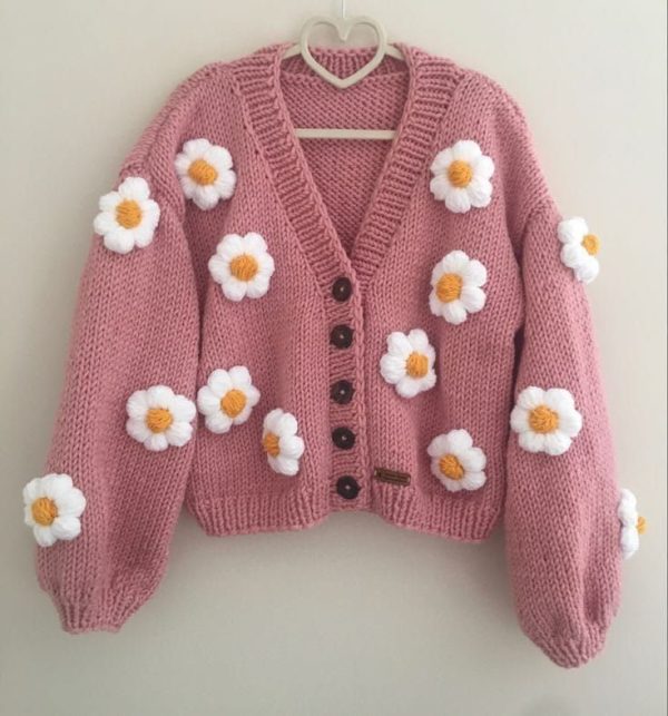 Pink Crochet Cardigan With White Flowers - Image 2