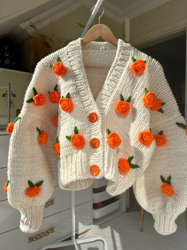 White Crochet Cardigan With Orange Flowers - Image 2