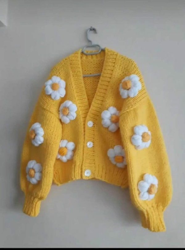 Mustered Yellow Crochet Cardigan With White Flowers